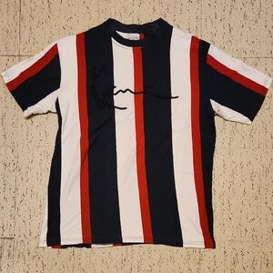 Karl Kani Embroidered Stripe Spellout Crew T Shirt Vintage Y2K White, Blue & Red